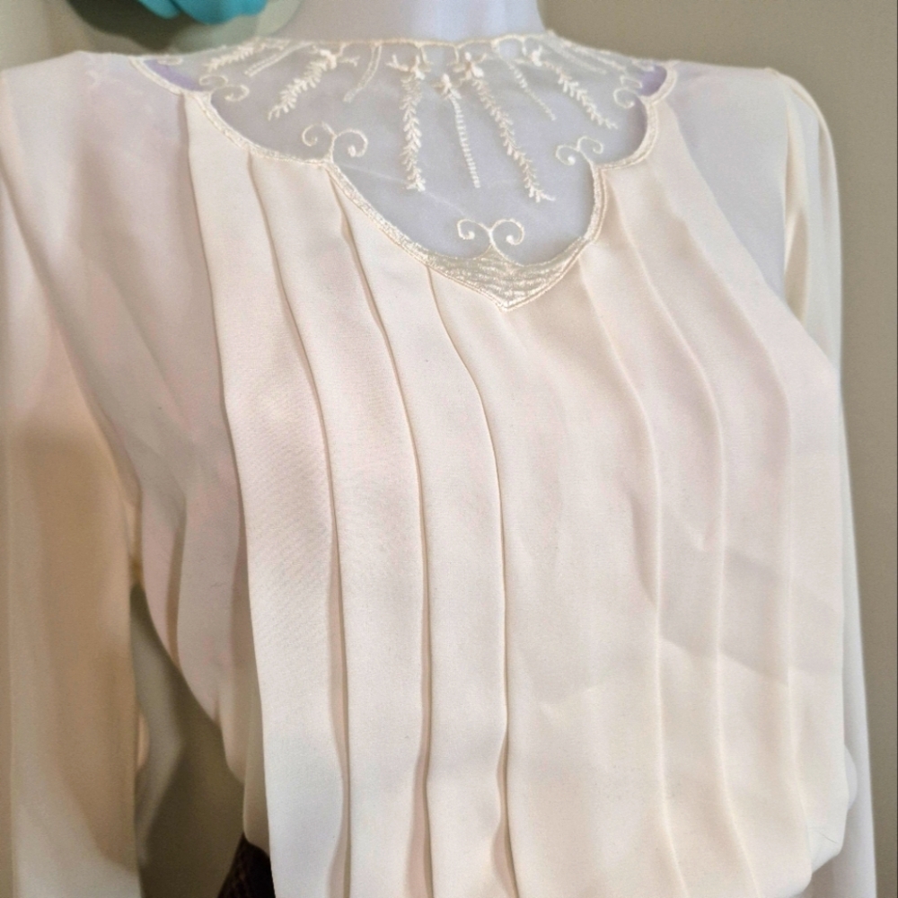 Beautiful Unique Vintage Pleated Embroidered Sheer Blouse by Elite International